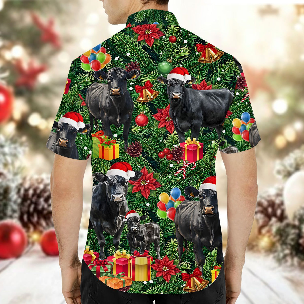 Lifestyle shot of the holiday hawaiian shirt with Christmas cows design
