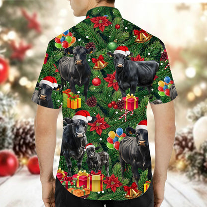 Lifestyle shot of the holiday hawaiian shirt with Christmas cows design