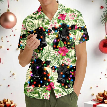Close up lifestyle view of christmas cows hawaiian shirt