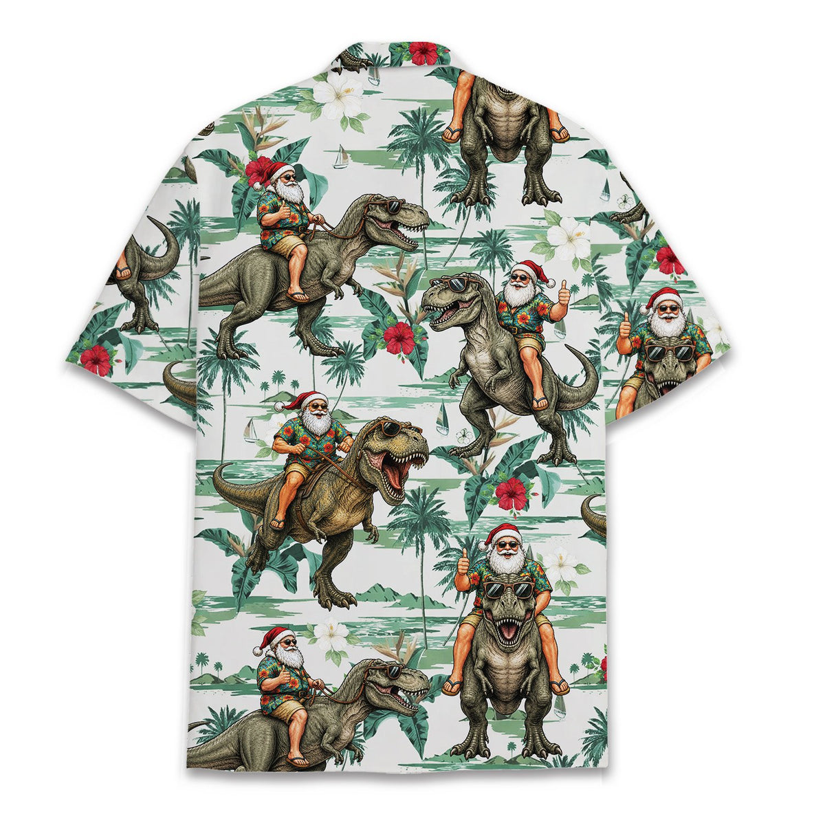 Back view of the christmas dinosaur tropical hawaiian shirt