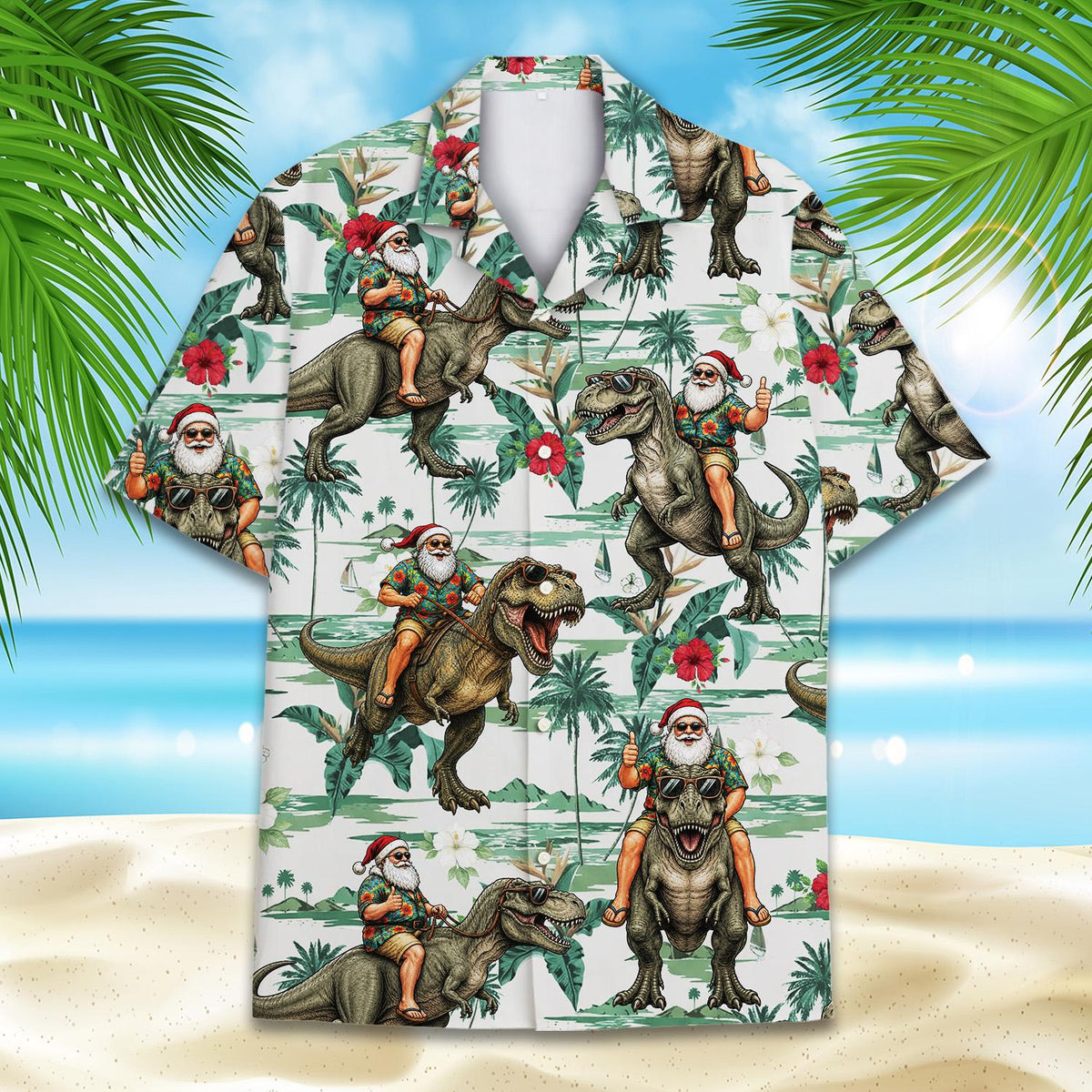 Detailed front view of the christmas dinosaur tropical hawaiian shirt