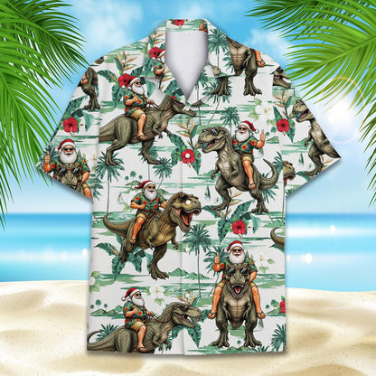 Detailed front view of the christmas dinosaur tropical hawaiian shirt