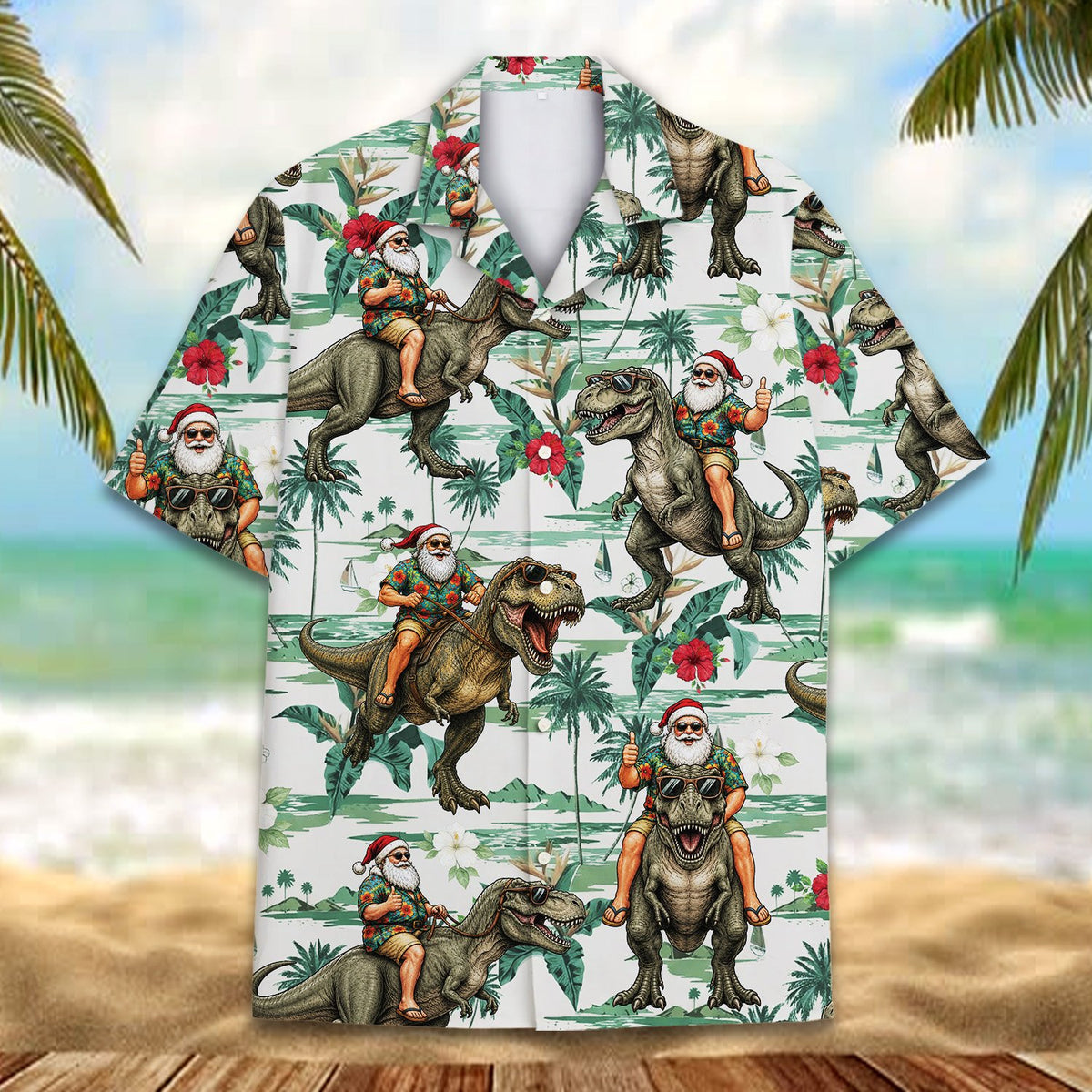Close up front view of the christmas dinosaur tropical hawaiian shirt