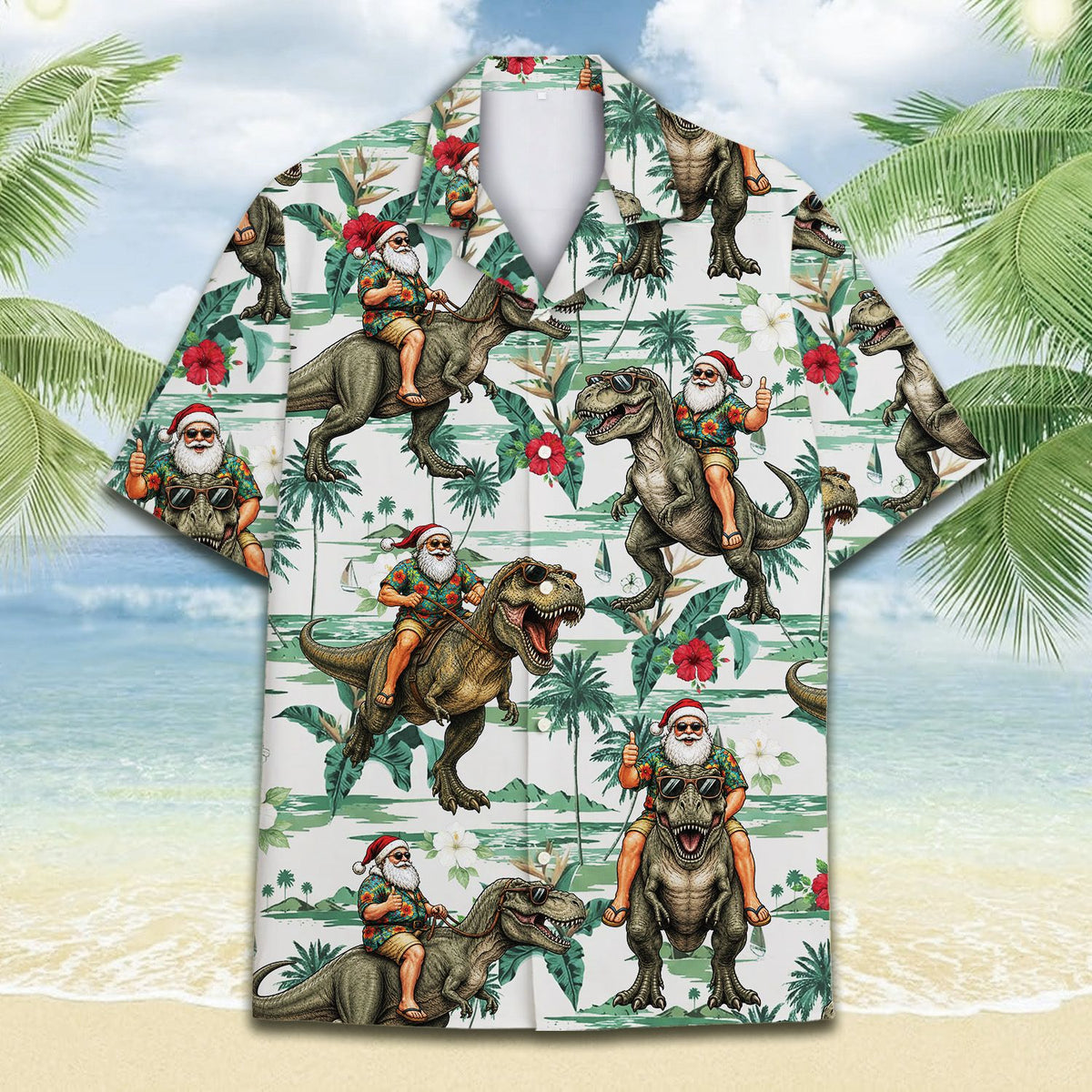 Another front view of the christmas dinosaur tropical hawaiian shirt
