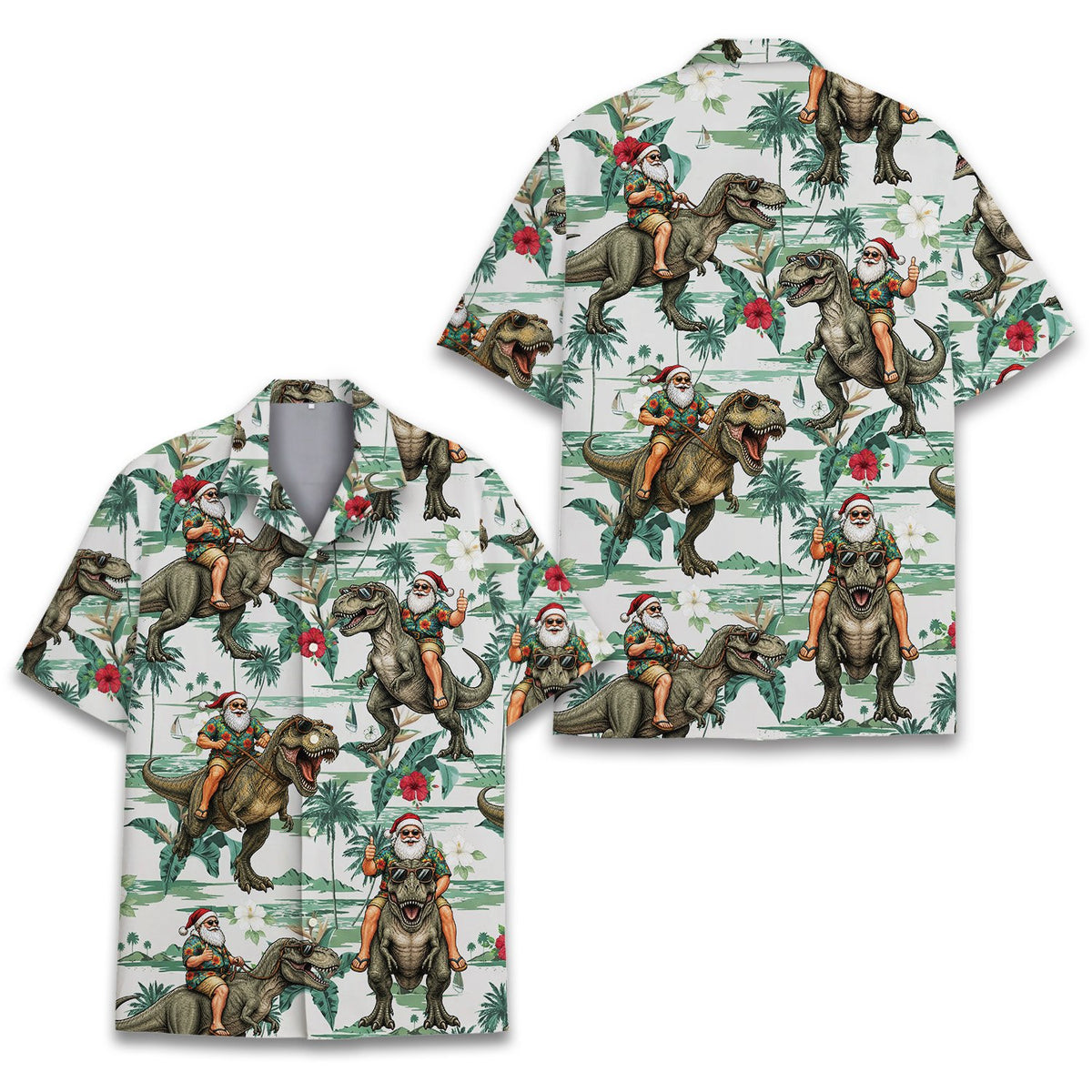 Additional front detail of the christmas dinosaur tropical hawaiian shirt