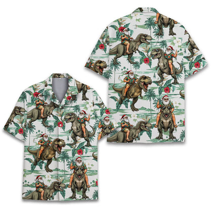 Additional front detail of the christmas dinosaur tropical hawaiian shirt