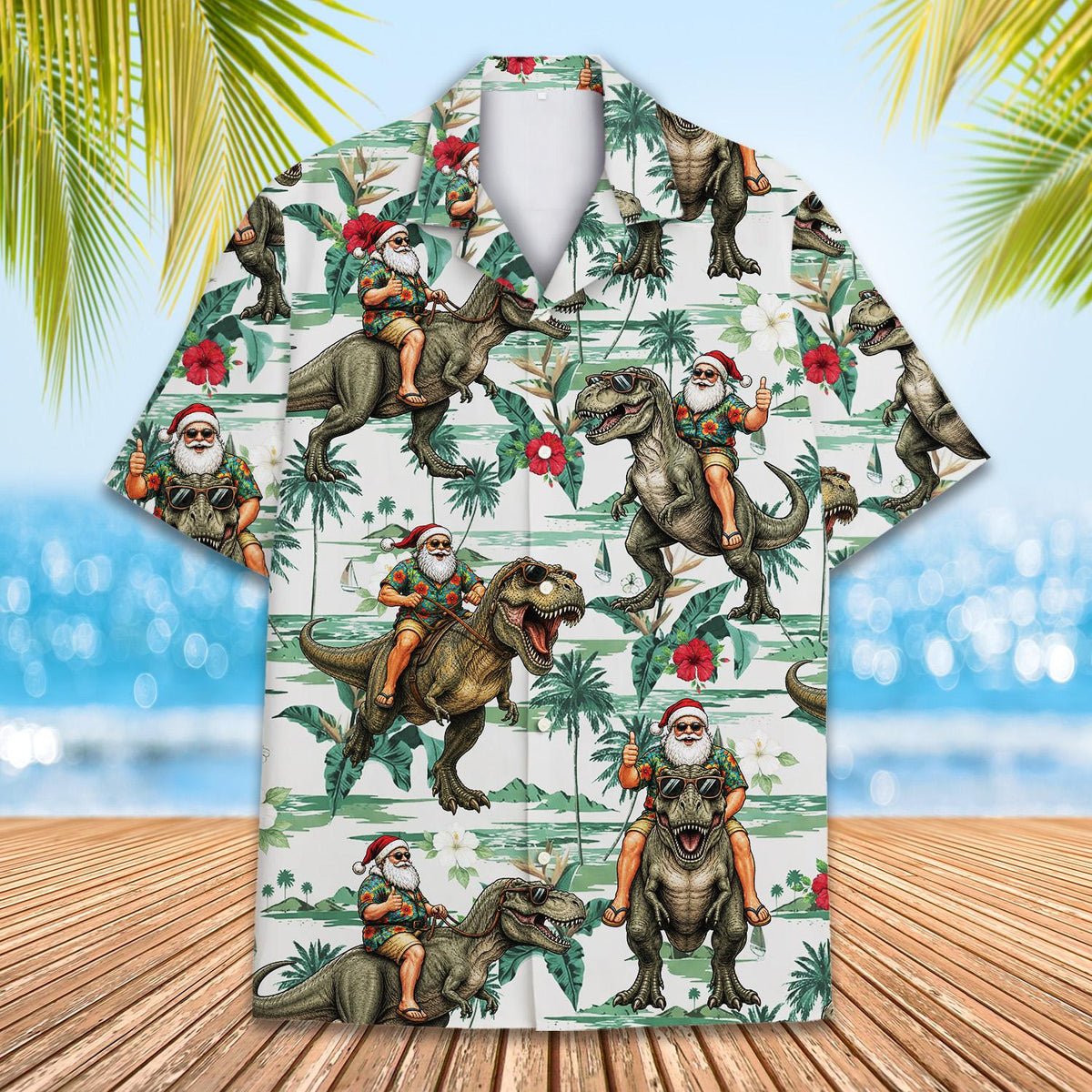Christmas dinosaur tropical hawaiian shirt featuring Santa on a T-Rex, main view