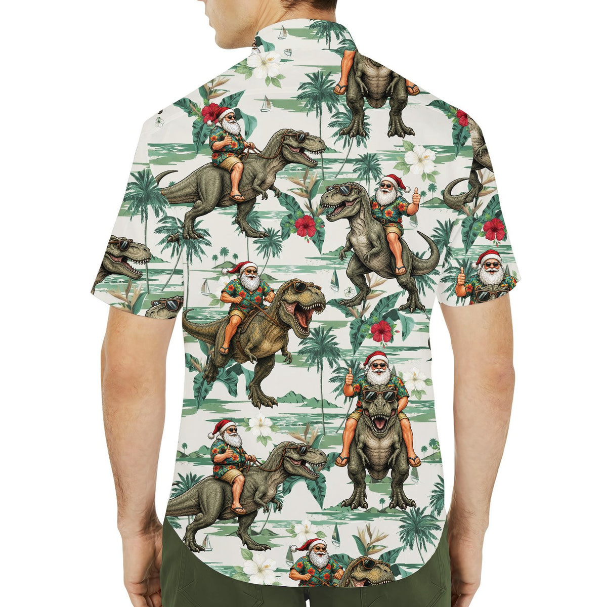 Another lifestyle view of the matching family hawaiian shirts being worn