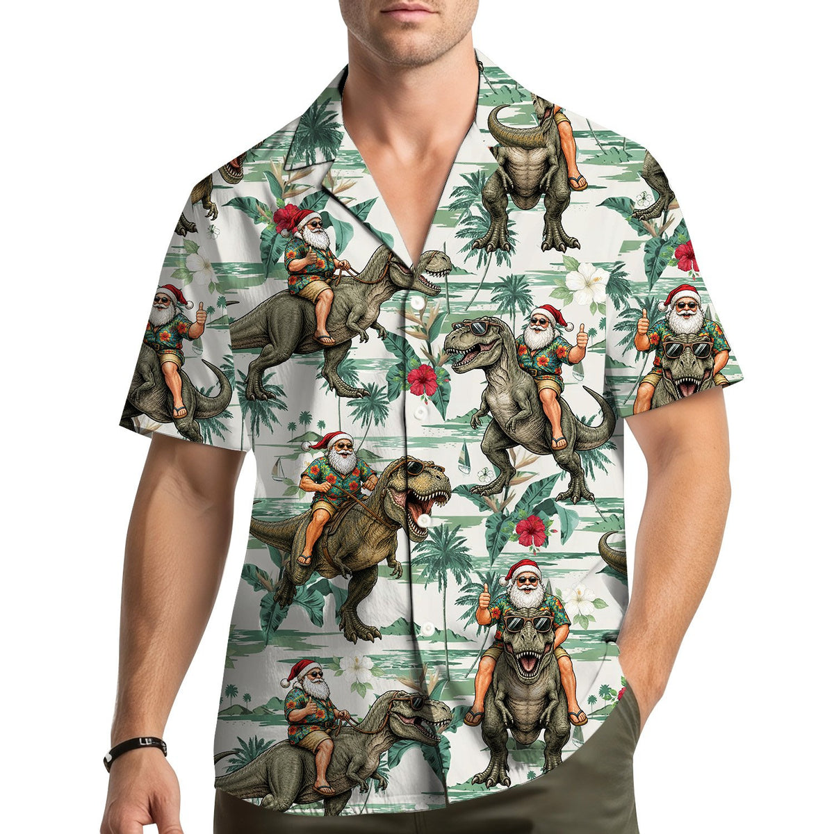 Lifestyle view of the christmas dinosaur tropical hawaiian shirt being worn
