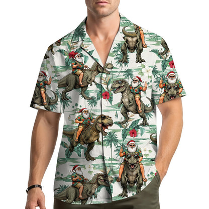 Lifestyle view of the christmas dinosaur tropical hawaiian shirt being worn