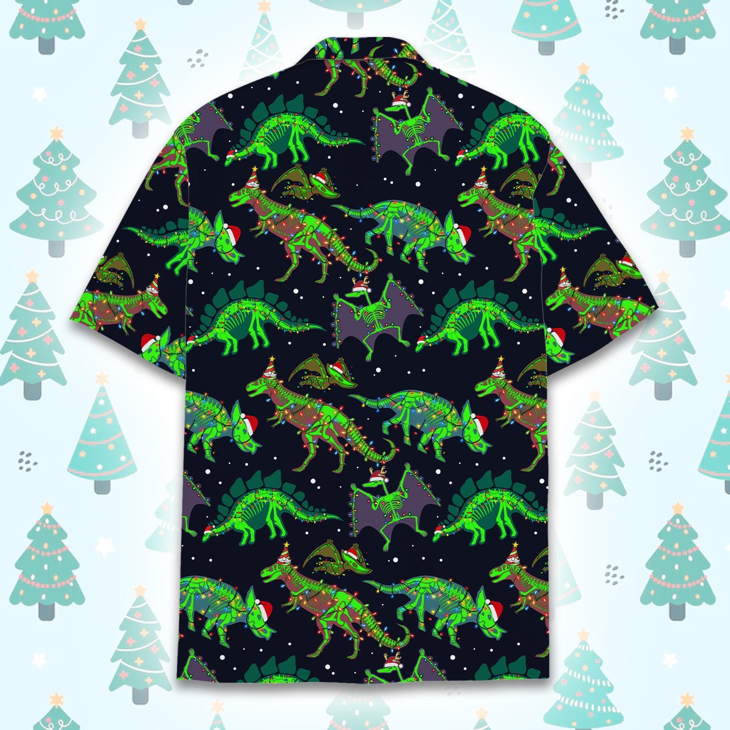 Back view of the christmas dinosaurs hawaiian shirt on a navy background