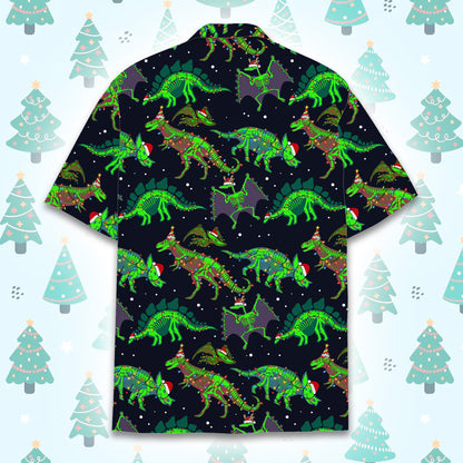 Back view of the christmas dinosaurs hawaiian shirt on a navy background
