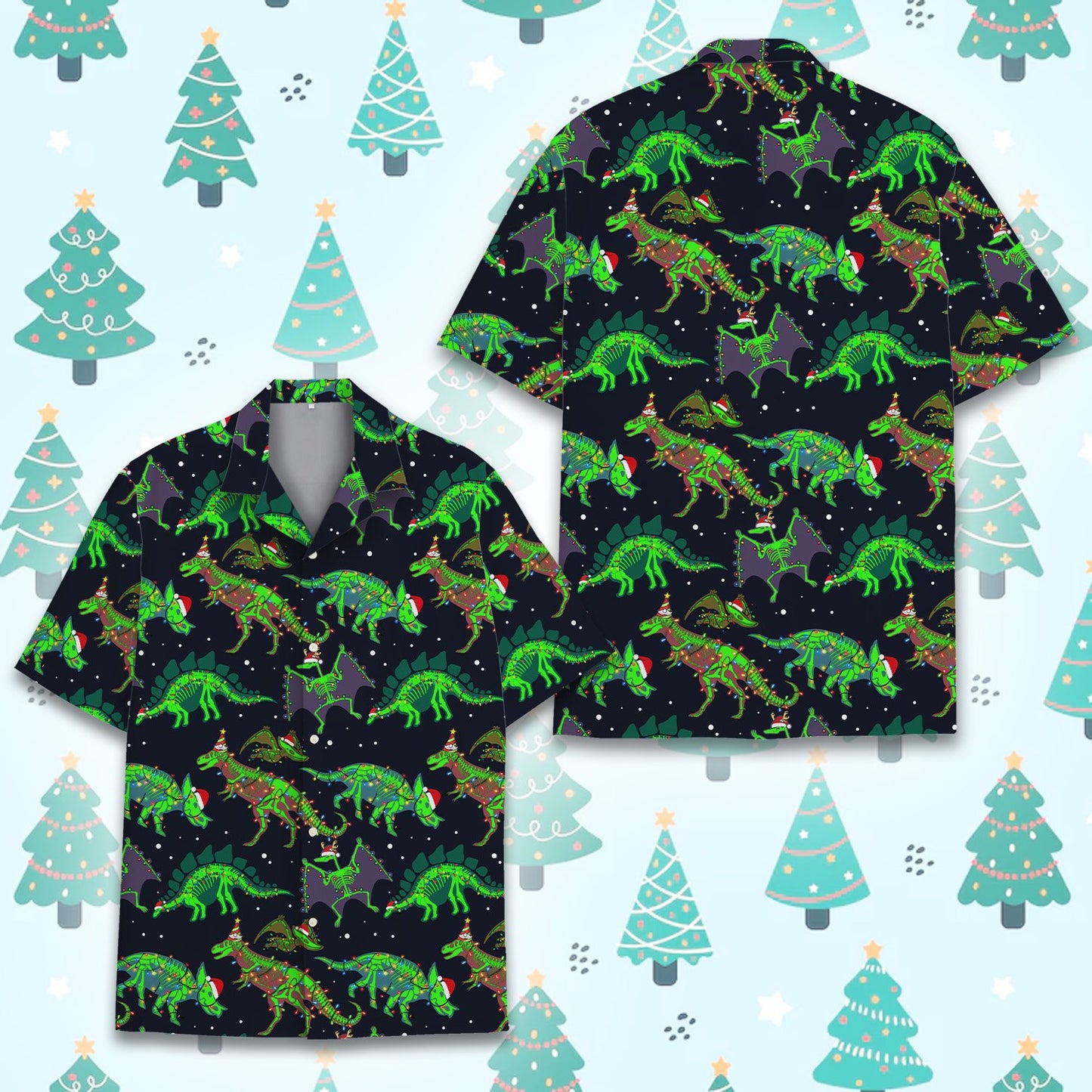Close up front view of the navy christmas hawaiian shirt design