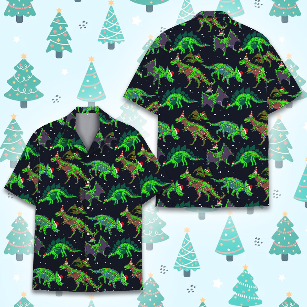 Close up front view of the navy christmas hawaiian shirt design