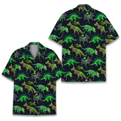 Folded front view of the adult holiday dinosaur hawaiian shirt