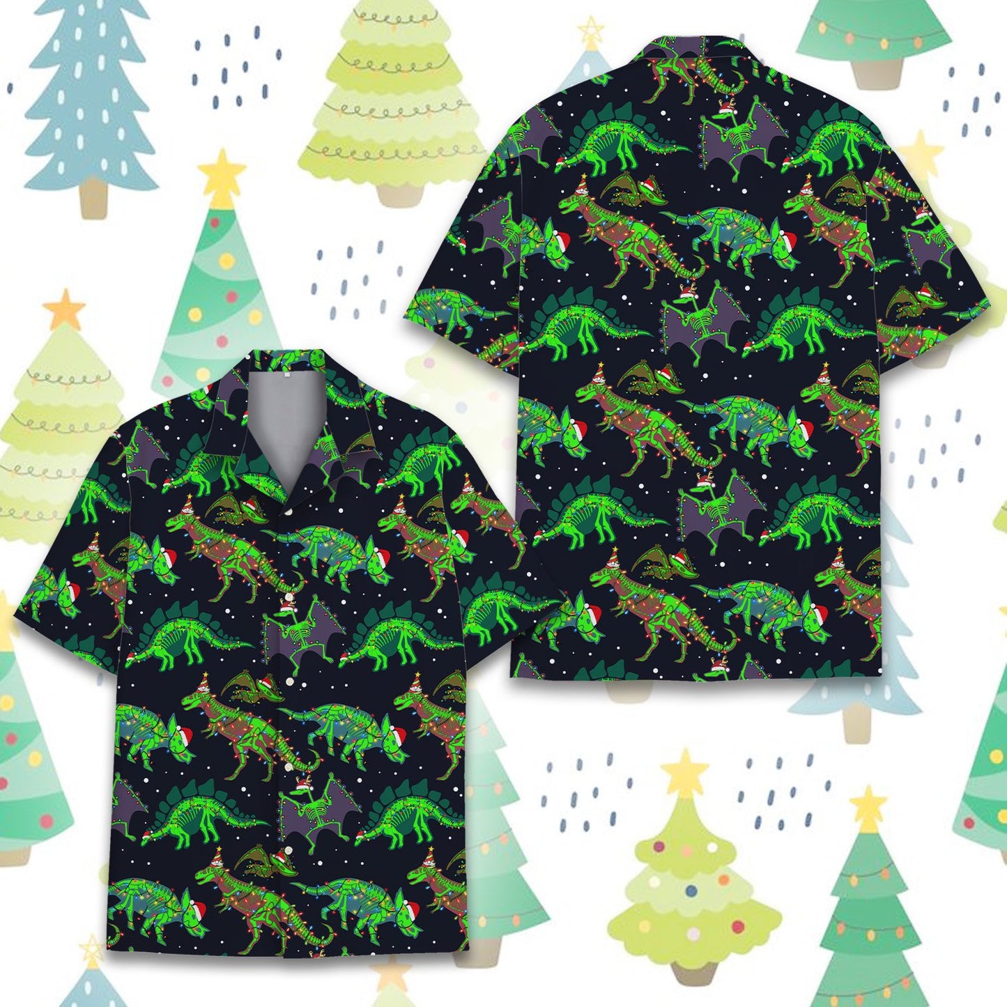 Front view of the festive holiday hawaiian shirt with dinosaur skeletons