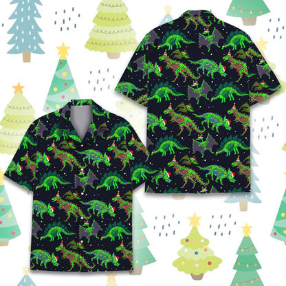 Front view of the festive holiday hawaiian shirt with dinosaur skeletons