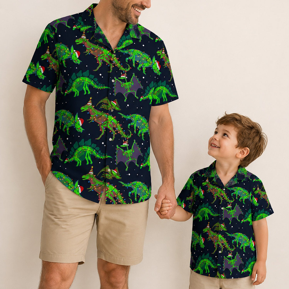 Person styling the navy christmas hawaiian shirt outdoors