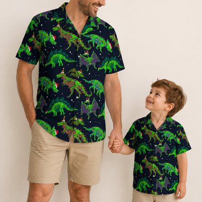 Person styling the navy christmas hawaiian shirt outdoors