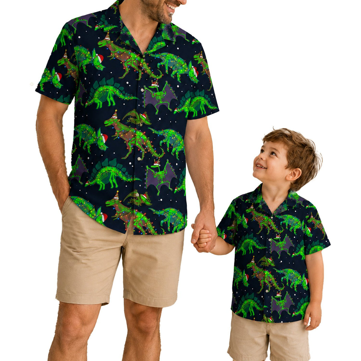 Close up lifestyle shot of the festive dinosaur hawaiian shirt