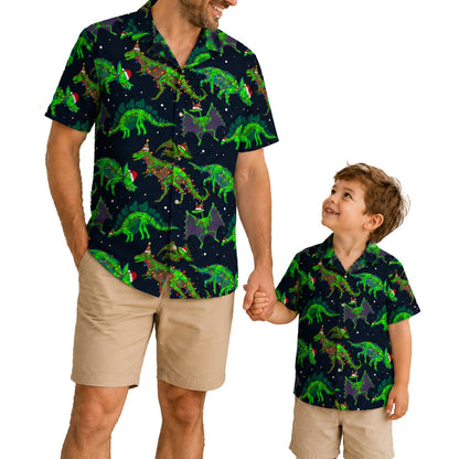 Close up lifestyle shot of the festive dinosaur hawaiian shirt