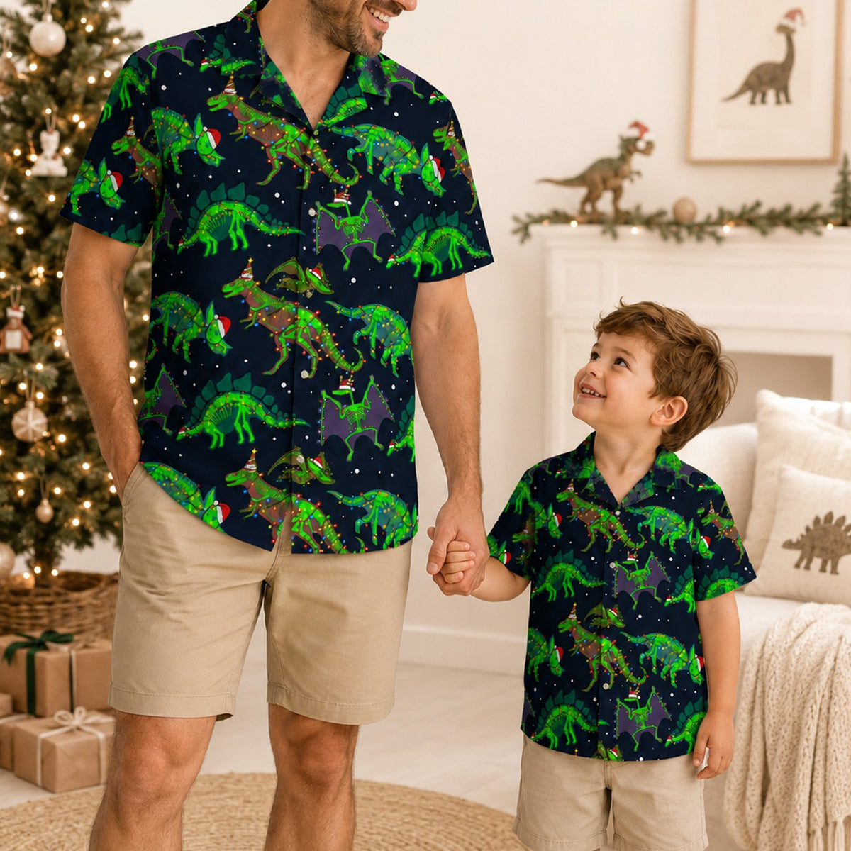 Adult wearing the matching family hawaiian shirt in a lifestyle setting