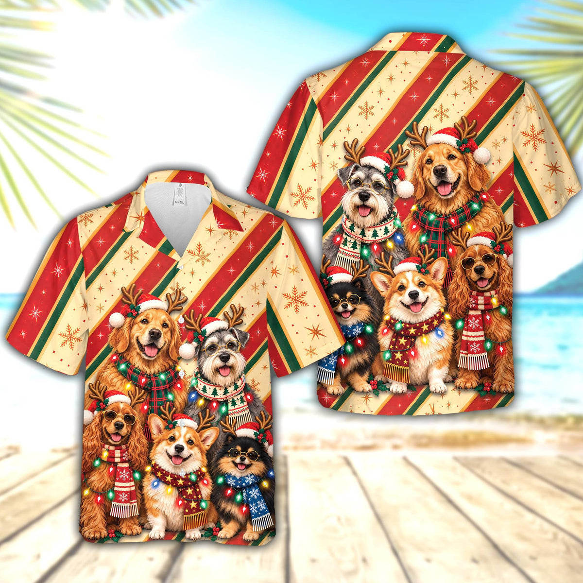 Front view of the matching family Christmas Hawaiian shirt with winter pup pattern