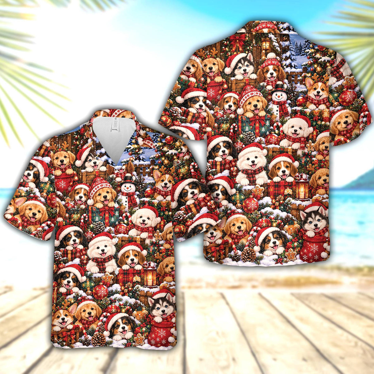 Front view of holiday hawaiian shirt featuring dogs in Santa hats