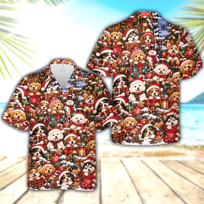 Matching family hawaiian shirts with festive holiday dog pattern, main view