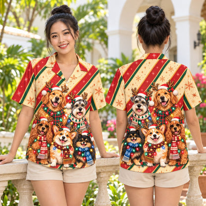 Lifestyle image of someone wearing the festive matching family Christmas Hawaiian shirt