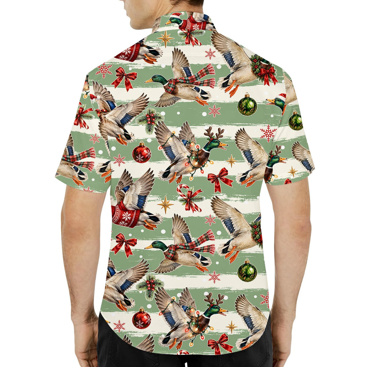 Matching family Hawaiian shirt with festive waterfowl pattern, alternate back view