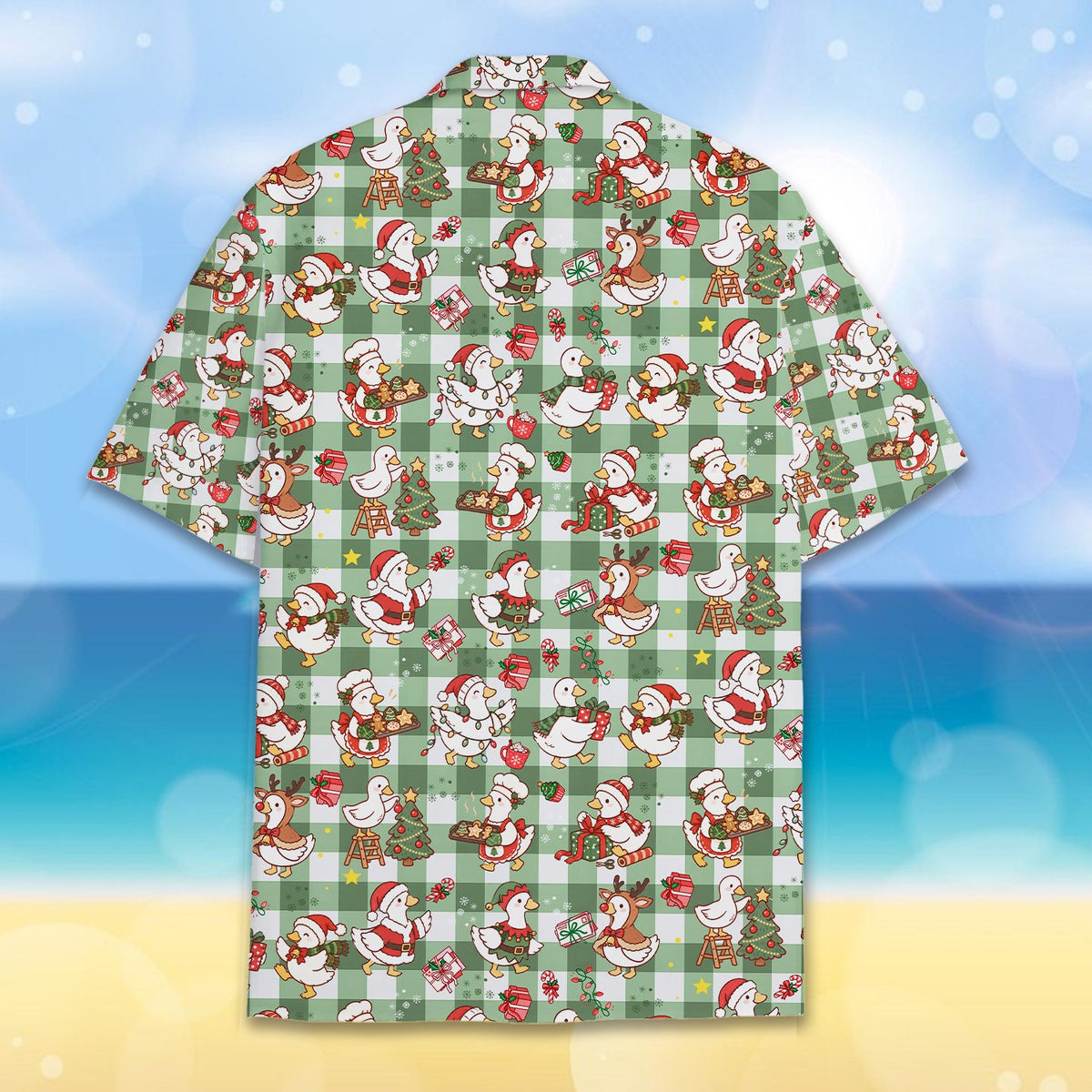 Close-up back detail of the green and white holiday shirt