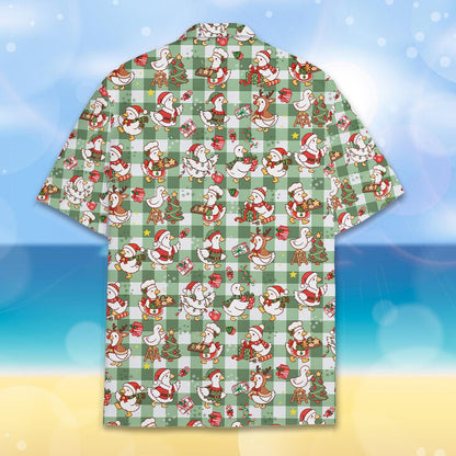 Close-up back detail of the green and white holiday shirt