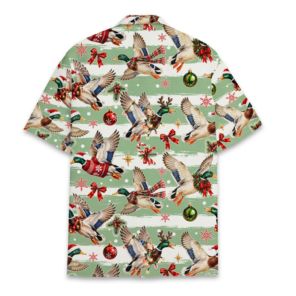 Matching family Hawaiian shirt with festive waterfowl pattern, back view