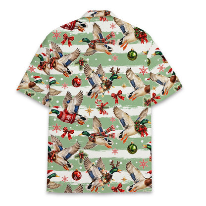 Matching family Hawaiian shirt with festive waterfowl pattern, back view