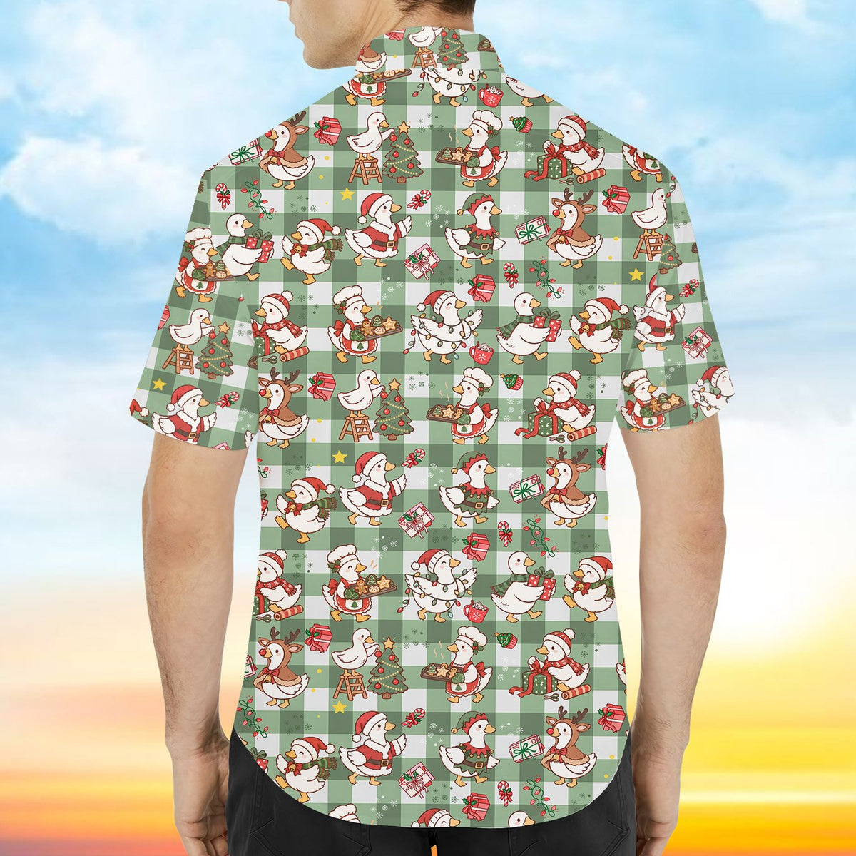 Back view of the festive matching family hawaiian shirt