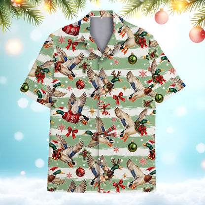 Matching family Hawaiian shirt with festive waterfowl pattern, alternate front view 1