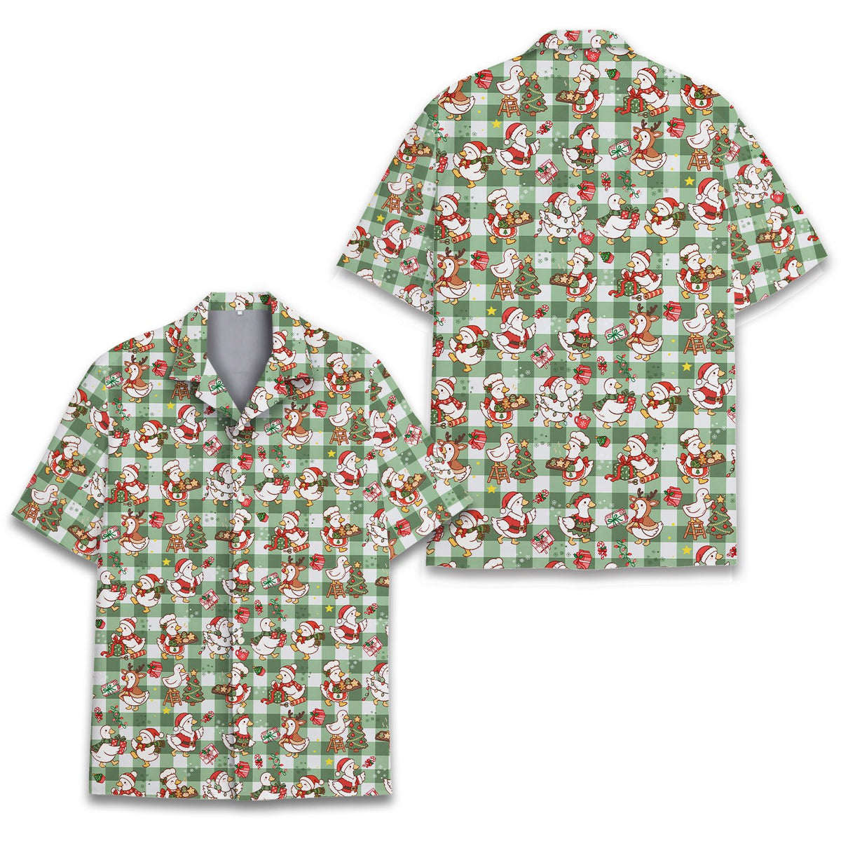 Close-up front detail of the green and white plaid hawaiian shirt