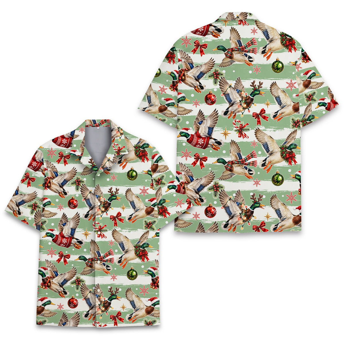 Matching family Hawaiian shirt with festive waterfowl pattern, alternate front view 2