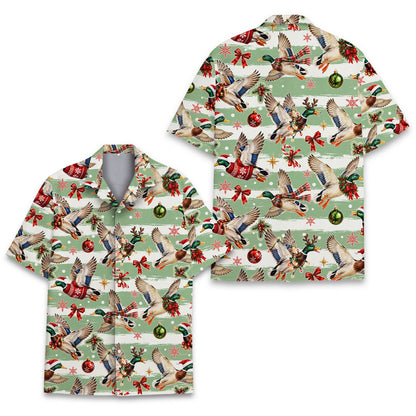 Matching family Hawaiian shirt with festive waterfowl pattern, alternate front view 2