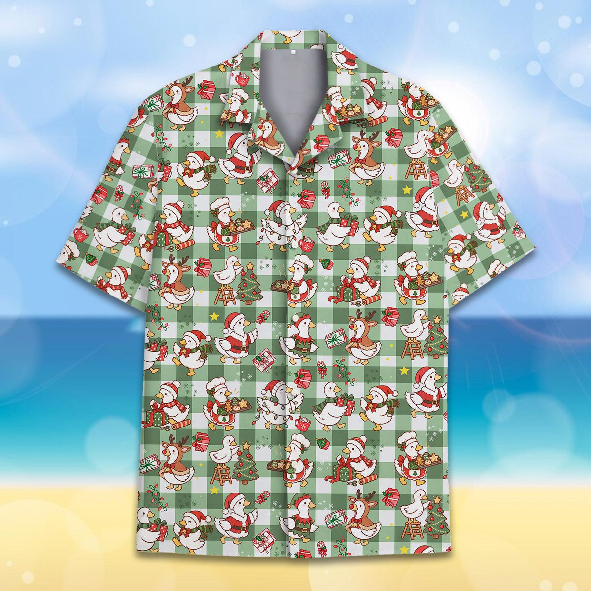Additional front angle of the festive duck patterned shirt