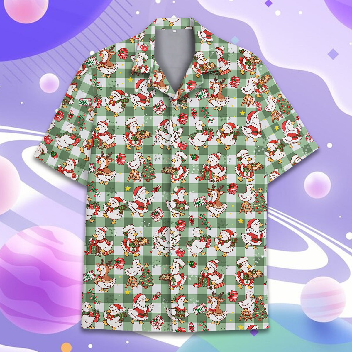 Detail showing the button-down front of the holiday hawaiian shirt