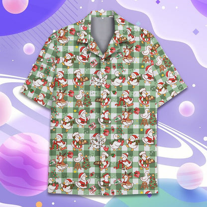 Detail showing the button-down front of the holiday hawaiian shirt