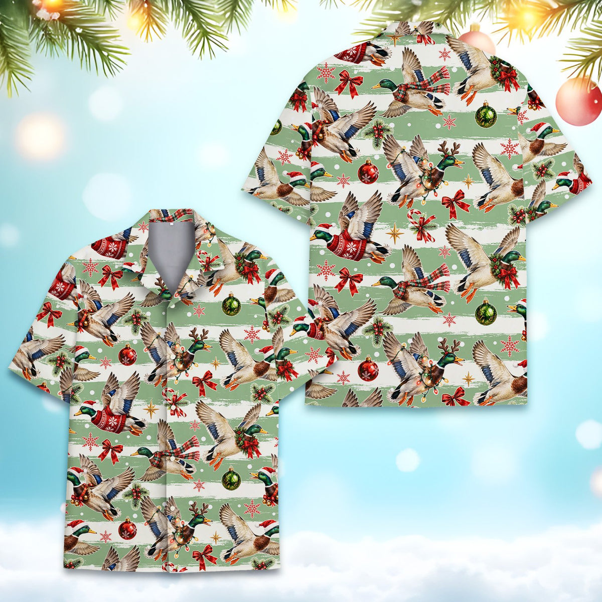 Matching family Hawaiian shirt with festive waterfowl pattern, main view