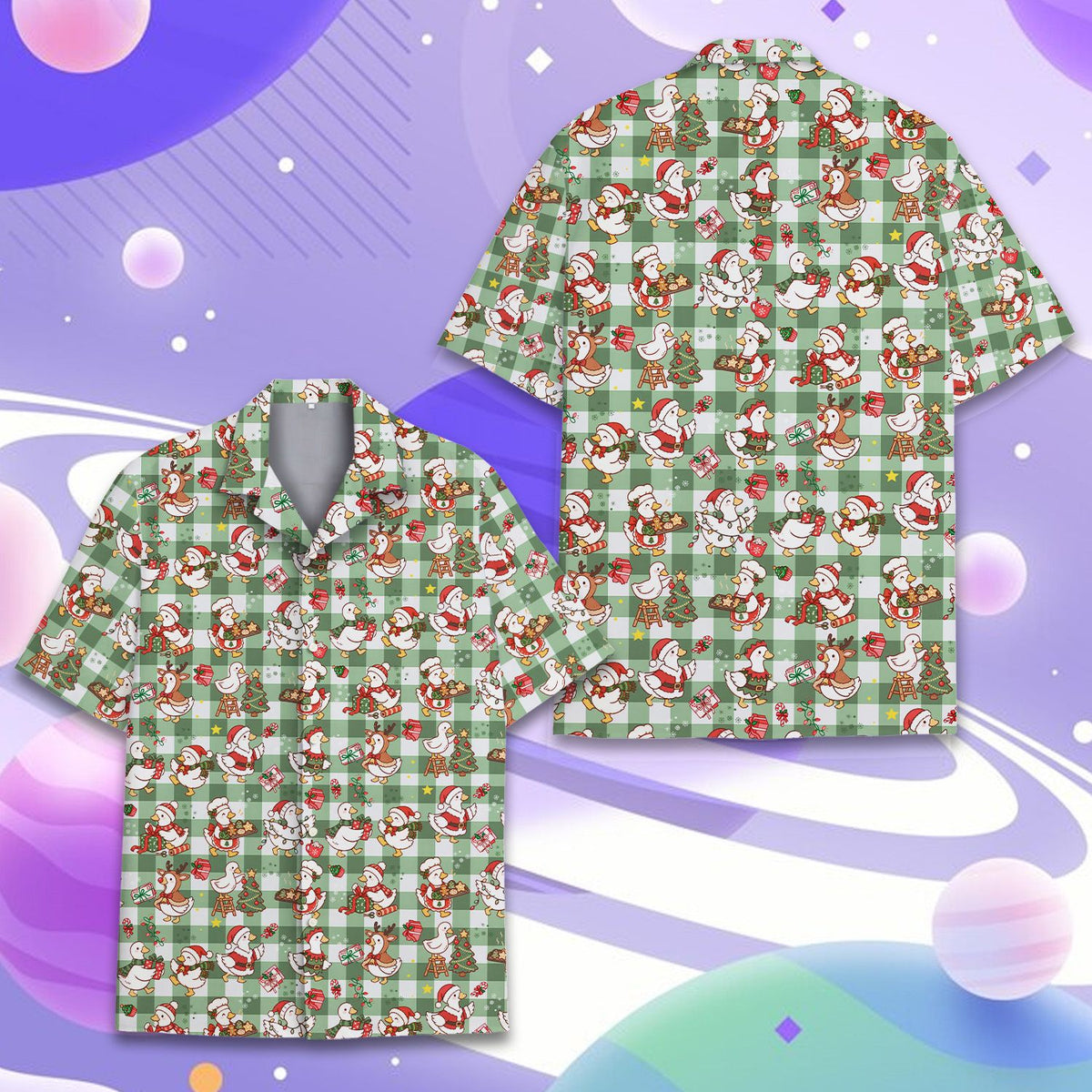 Main view of the plaid hawaiian shirt featuring festive cartoon ducks on a green and white gingham background