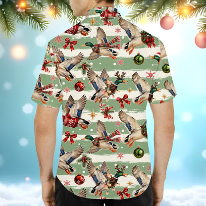 Second lifestyle image of someone wearing the matching family Hawaiian shirt with festive waterfowl pattern