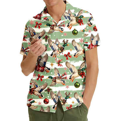 Third lifestyle image of someone wearing the matching family Hawaiian shirt with festive waterfowl pattern