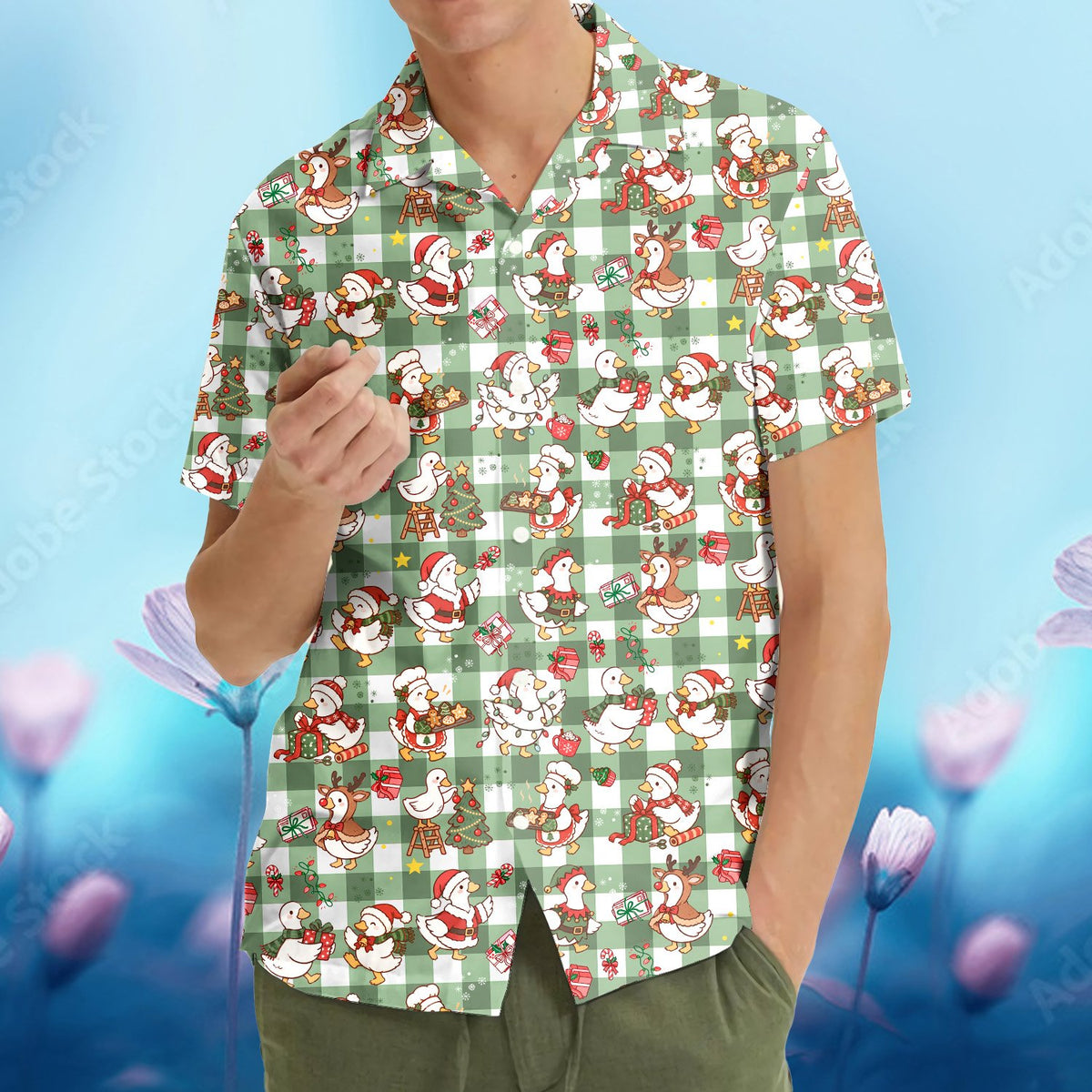 Third lifestyle view showcasing the festive duck holiday shirt outdoors