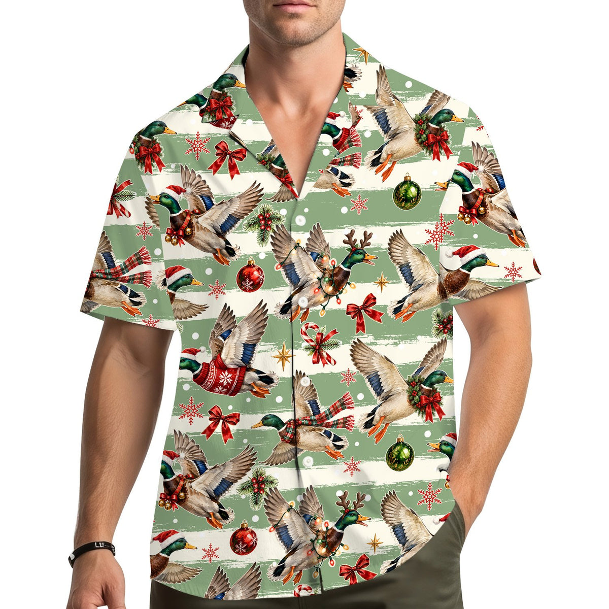 Lifestyle image of someone wearing the matching family Hawaiian shirt with festive waterfowl pattern