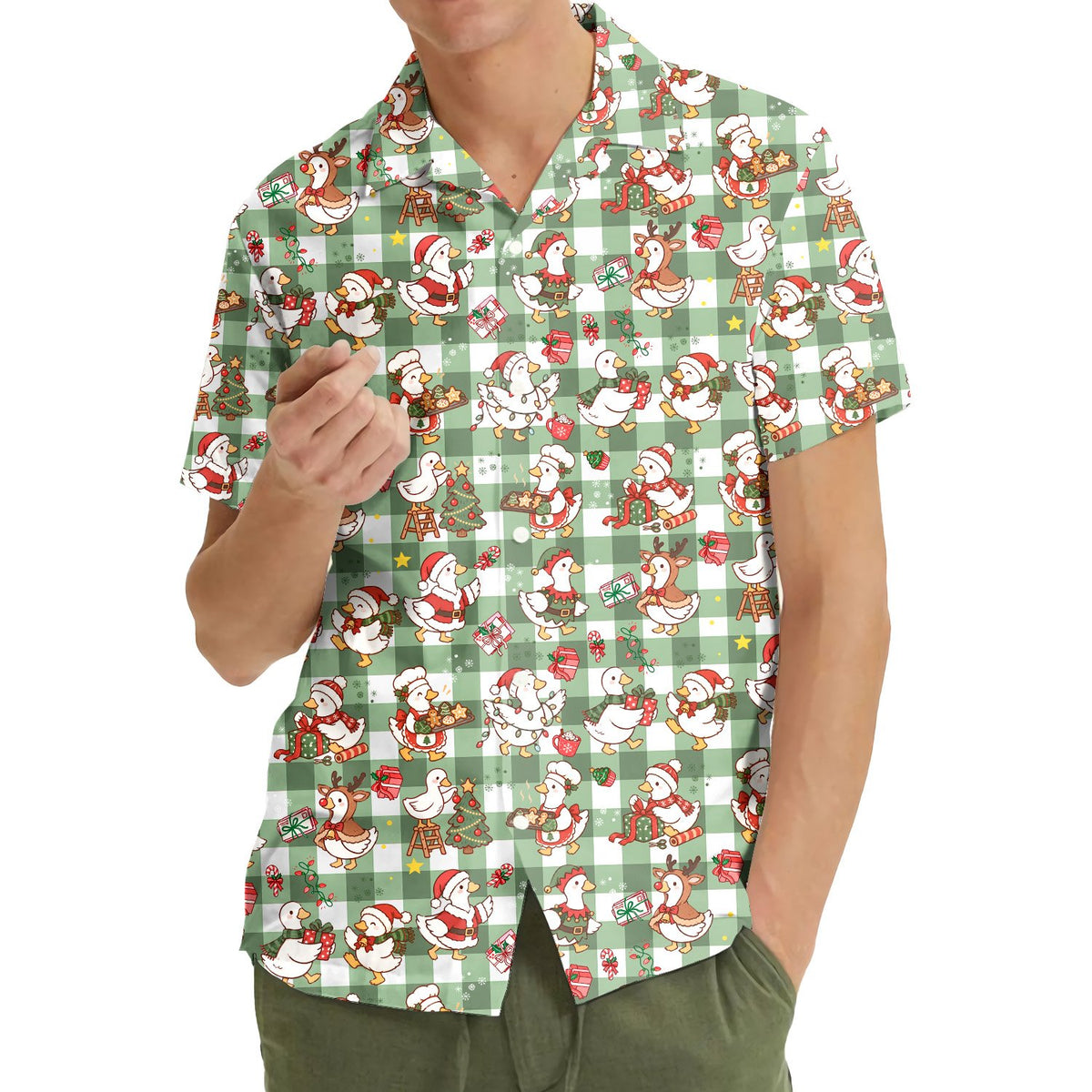 Lifestyle view of someone wearing the festive plaid hawaiian shirt